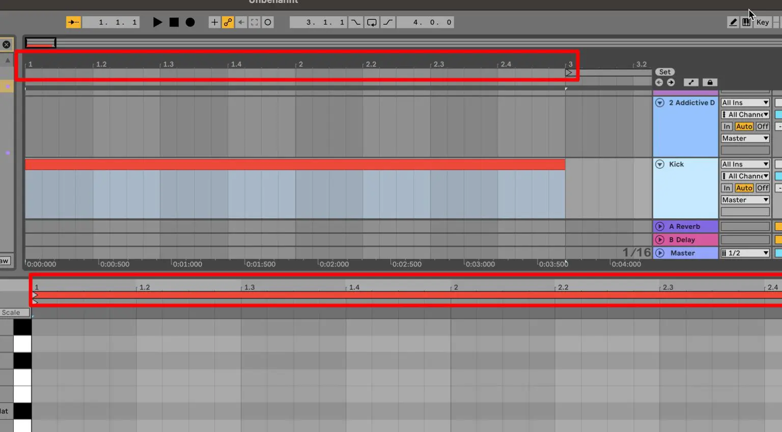Una DAW come Ableton visualizza la griglia mostrando il suo Arrangement (in alto) e mostrandola anche nel clip editor (in basso)