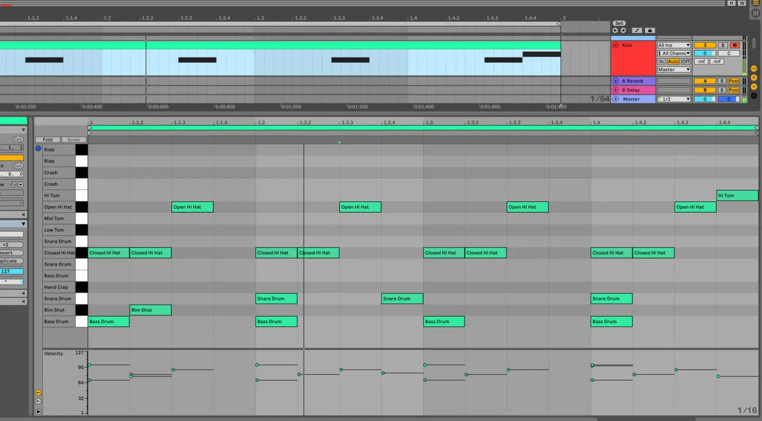 Beat Techno con diverse note da un sedicesimo e varie velocity