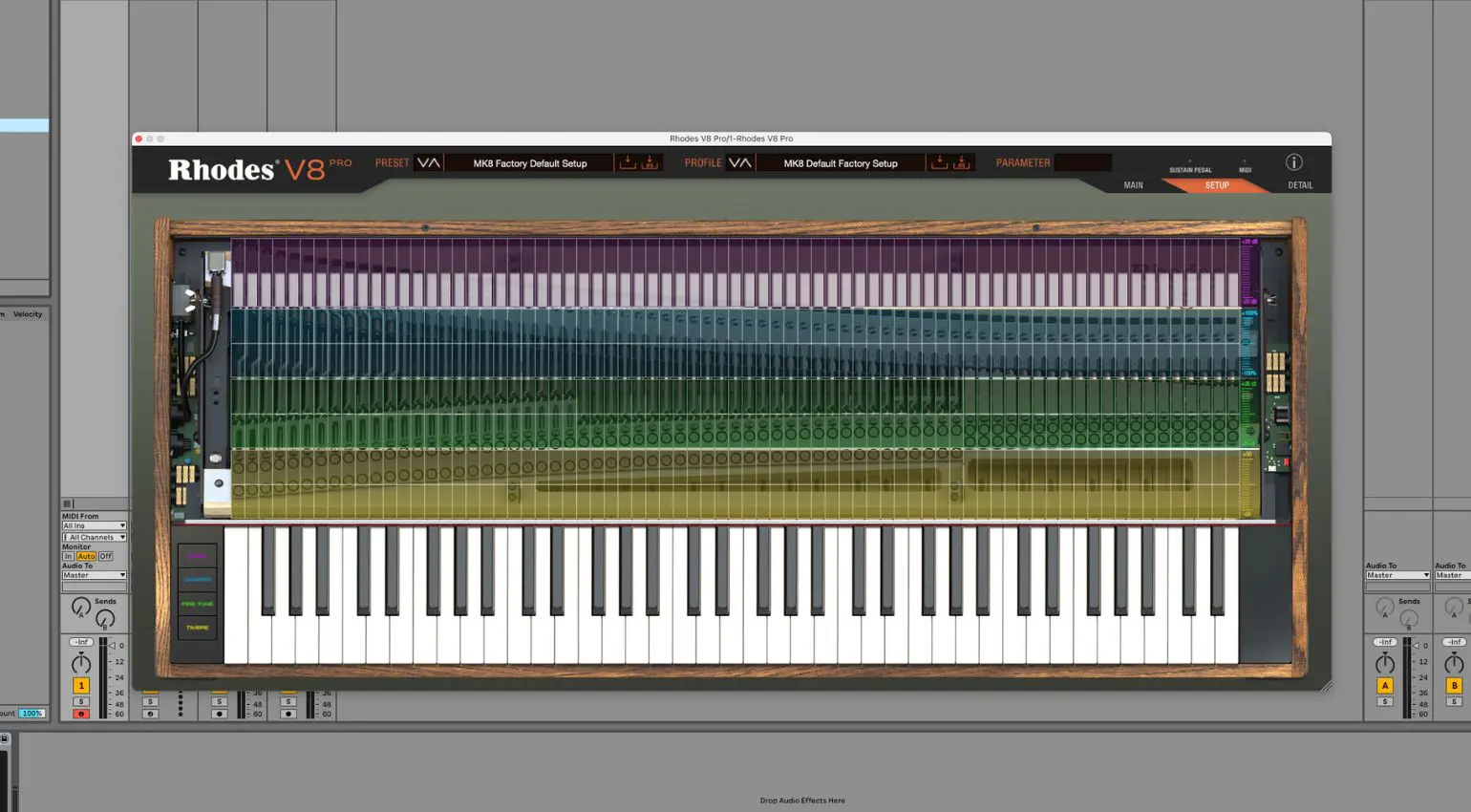 La schermata di impostazione del Rhodes V8 Pro consente di effettuare modifiche profonde all'accordatura, al posizionamento dei pickup e così via.