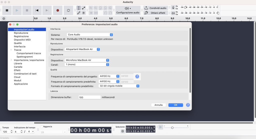 Le preferenze di Audacity