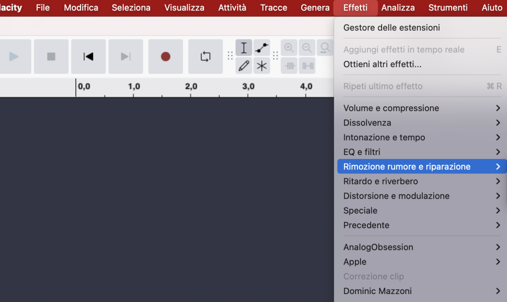 Tutti gli effetti di Audacity compresa la riduzione del rumore di fondo