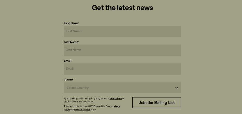 Il form per la newsletter - Nuovo album Arctic Monkeys