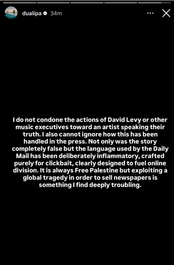 La storia che ha postato Dua Lipa a riguardo