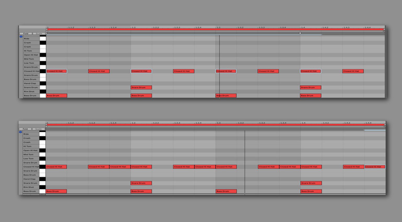 Stesso ritmo di Kick e Snare, ritmi diversi di Hihat: si ottiene un groove molto diverso!