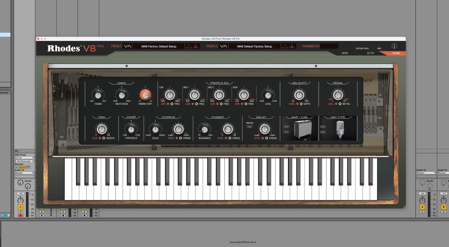 La sezione effetti e amplificatori della versione pro del plugin Rhodes V8