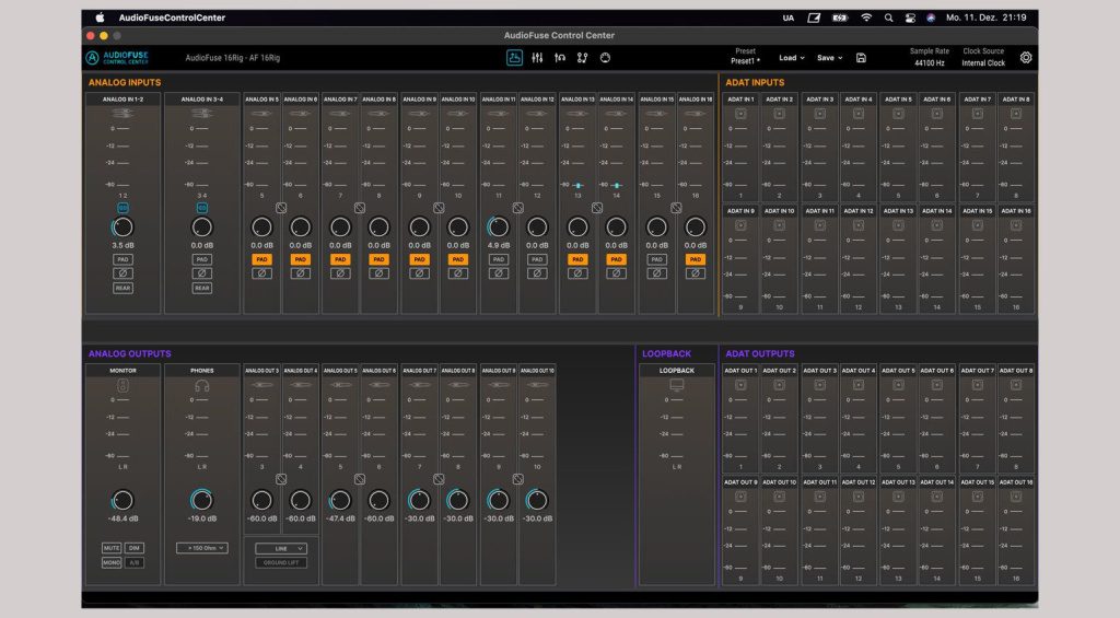 Il software AudioFuse Control Centre offre ampie possibilità di configurazione