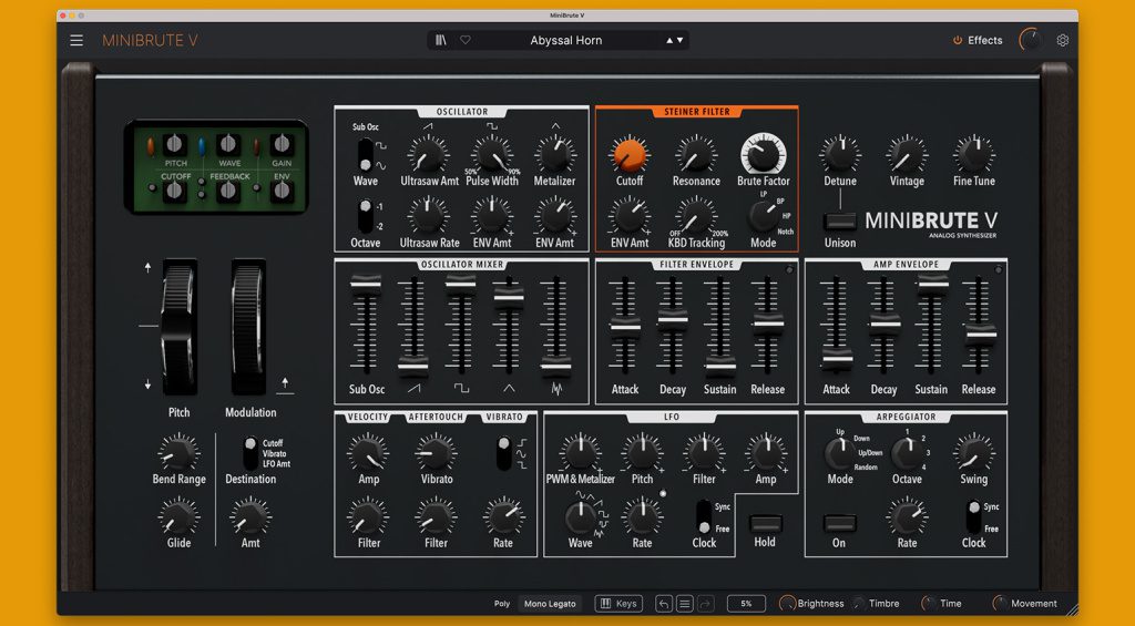 Tutti i parametri del MiniBrute V in un unico colpo d'occhio