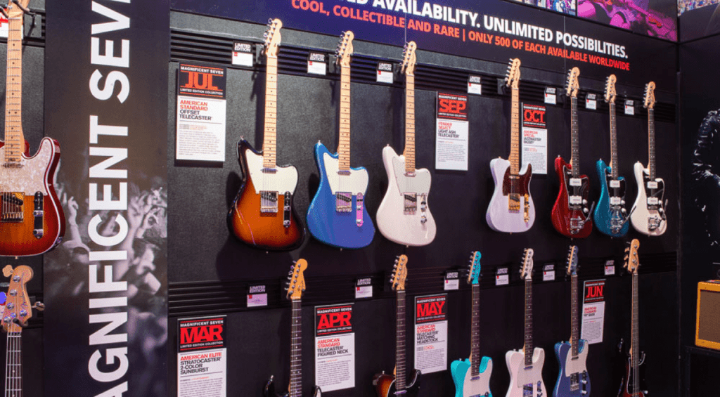 Il muro dei Magnifici 7 di Fender nei NAMM passati
