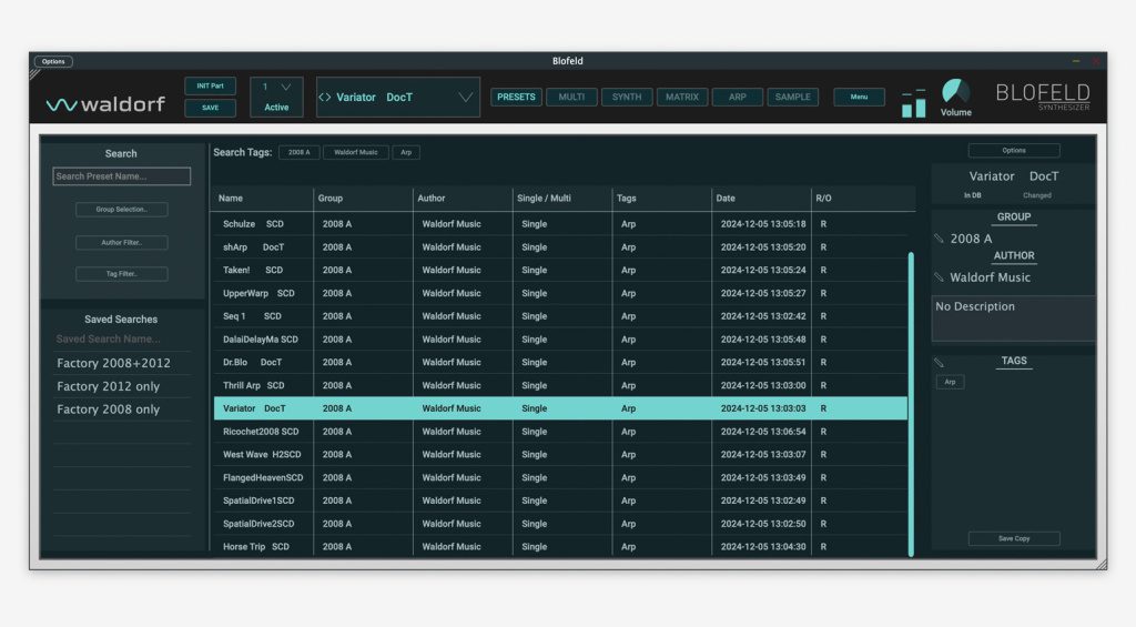 Waldorf Blofeld Plugin: browser dei preset