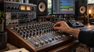 Mano sul mixer di un home studio con rack hardware e monitor da ascolto