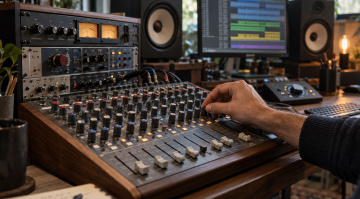 Mano sul mixer di un home studio con rack hardware e monitor da ascolto